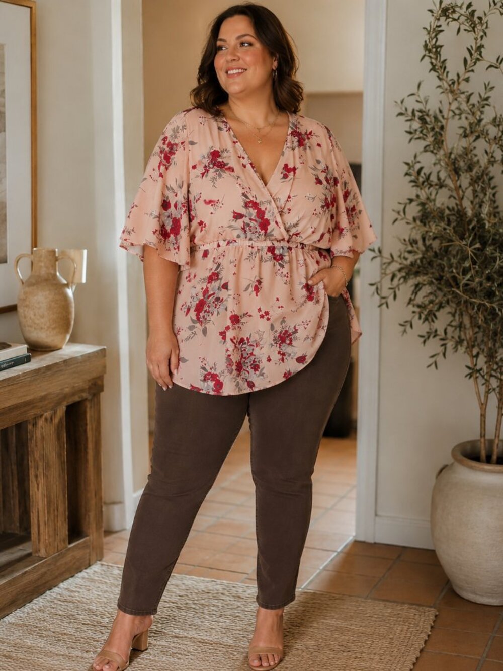 Torrid Peach Floral Lily Babydoll Georgette Surplice Blouse Size 2 Flowy